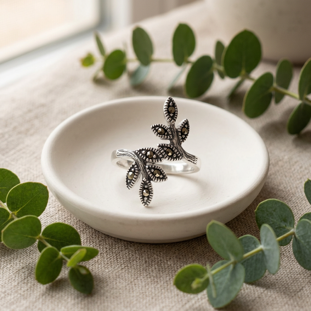 Sterling Silver 3mm Marcasite Leaf Branch Bypass Statement Ring for Women life2