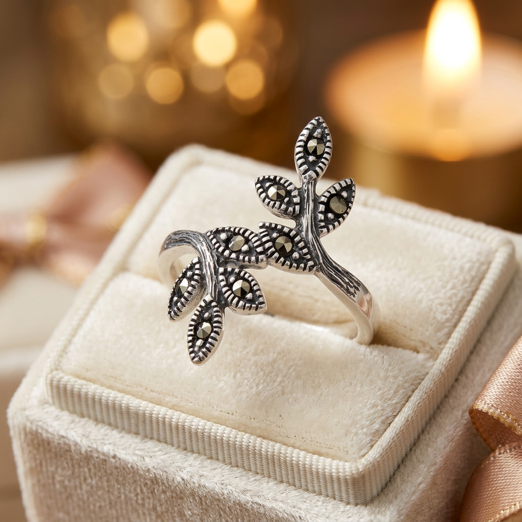 Sterling Silver 3mm Marcasite Leaf Branch Bypass Statement Ring for Women life3