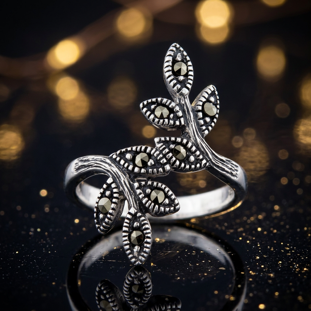 Sterling Silver 3mm Marcasite Leaf Branch Bypass Statement Ring for Women life4