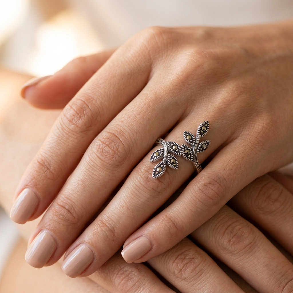 Sterling Silver 3mm Marcasite Leaf Branch Bypass Statement Ring for Women model