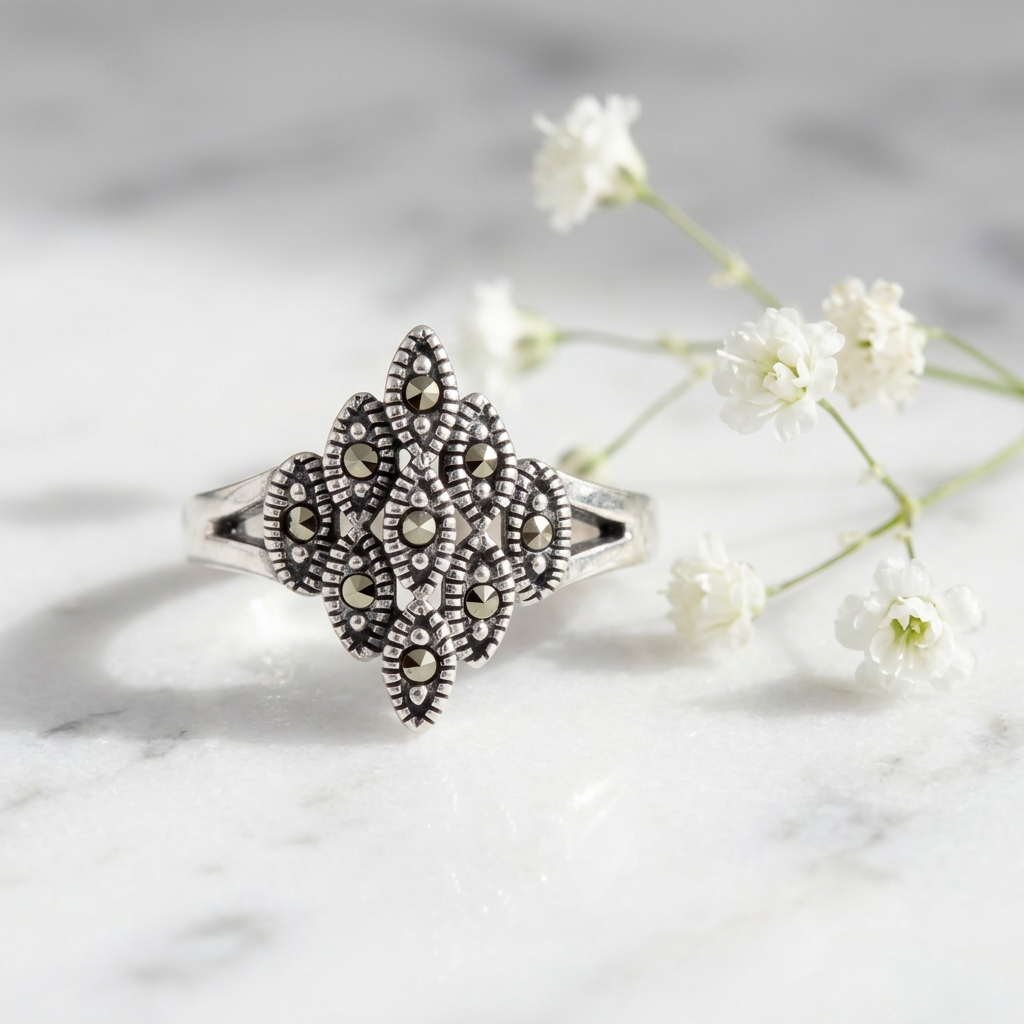 Sterling Silver Marcasite Marquise Cluster Ring for Women life1