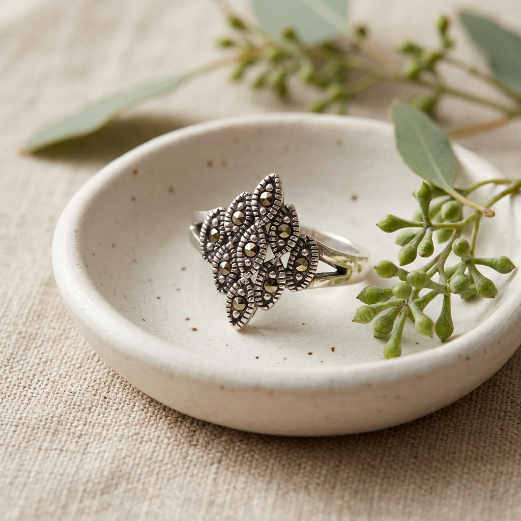 Sterling Silver Marcasite Marquise Cluster Ring for Women life2