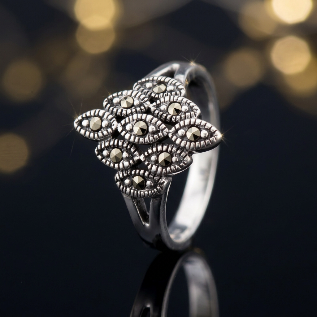 Sterling Silver Marcasite Marquise Cluster Ring for Women life4