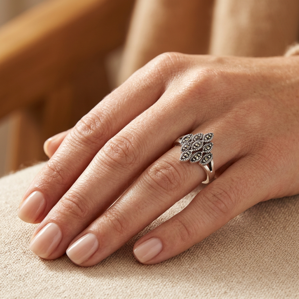 Sterling Silver Marcasite Marquise Cluster Ring for Women model