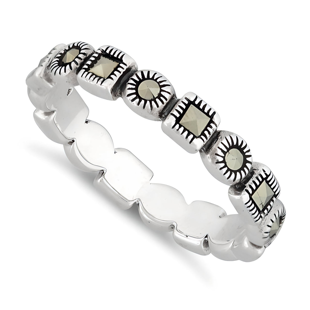 Sterling Silver 3.5mm Marcasite Square and Round Link Eternity Stacking Ring for Women
