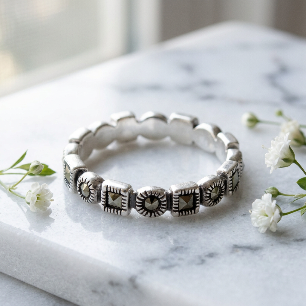 Sterling Silver 3.5mm Marcasite Square and Round Link Eternity Stacking Ring for Women life1