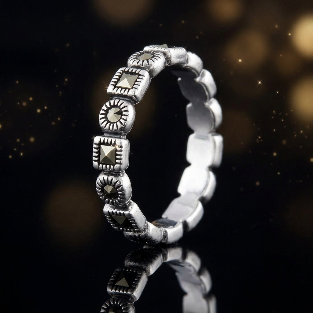 Sterling Silver 3.5mm Marcasite Square and Round Link Eternity Stacking Ring for Women life4