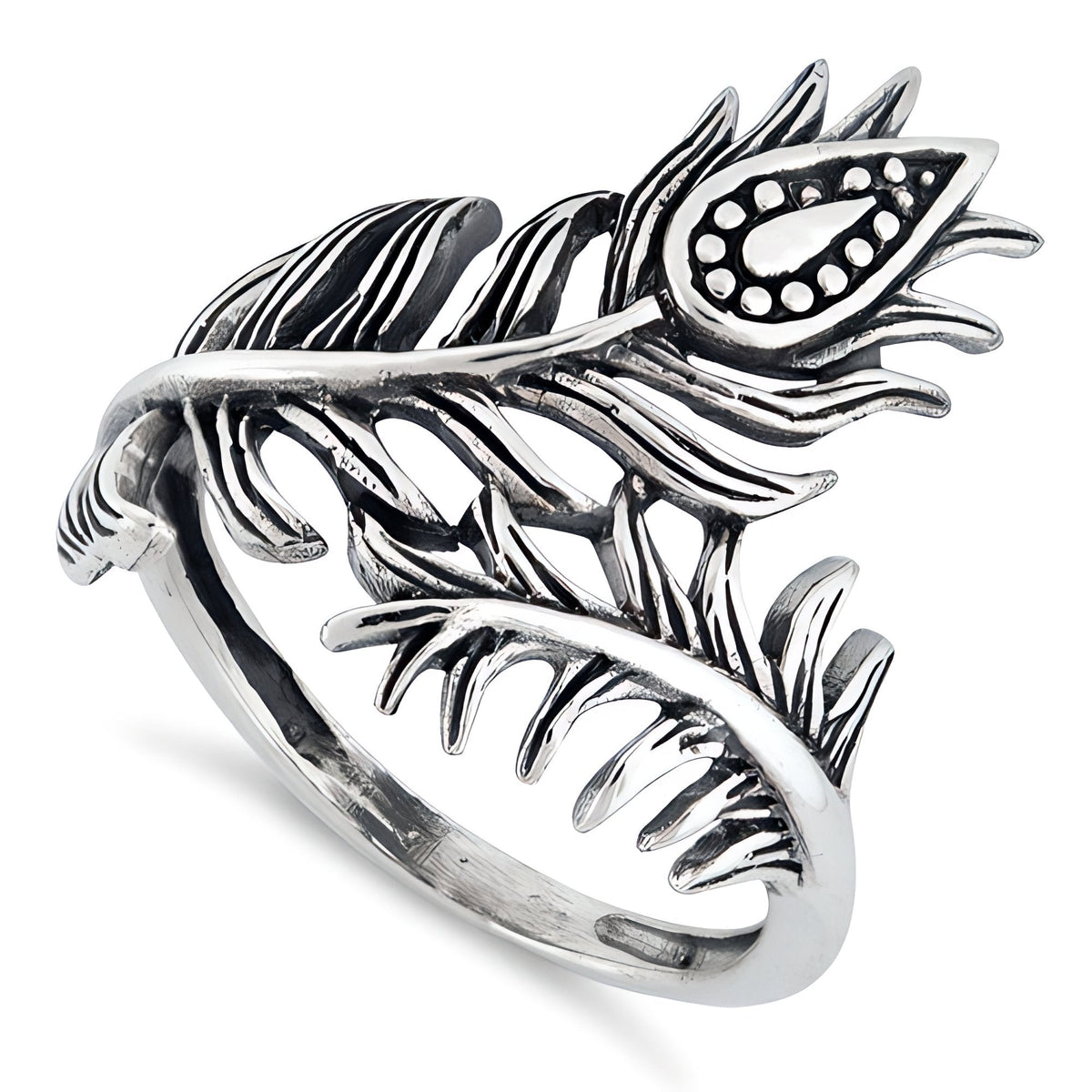 Sterling Silver 21.3mm Oxidized Peacock Feather Wrap Ring for Women