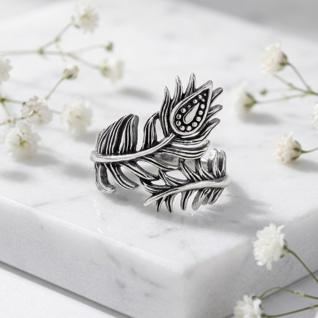 Sterling Silver 21.3mm Oxidized Peacock Feather Wrap Ring for Women life1