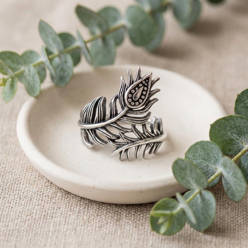 Sterling Silver 21.3mm Oxidized Peacock Feather Wrap Ring for Women life2
