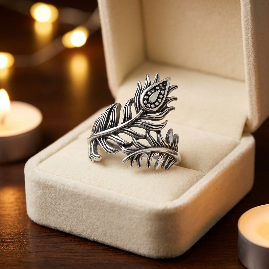 Sterling Silver 21.3mm Oxidized Peacock Feather Wrap Ring for Women life3