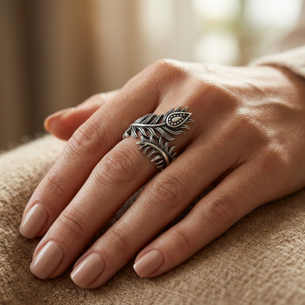Sterling Silver 21.3mm Oxidized Peacock Feather Wrap Ring for Women model