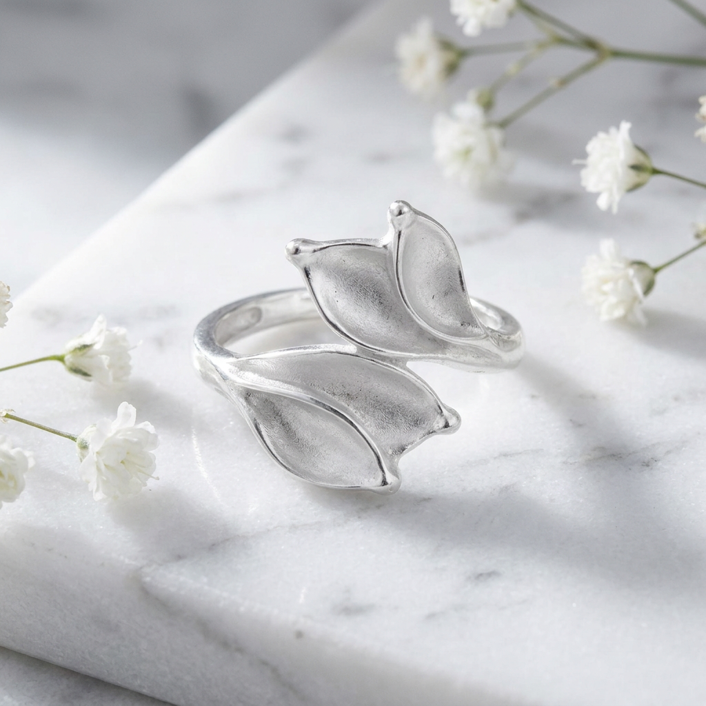 Sterling Silver Satin Finish Four Leaf Bypass Wrap Ring for Women life1