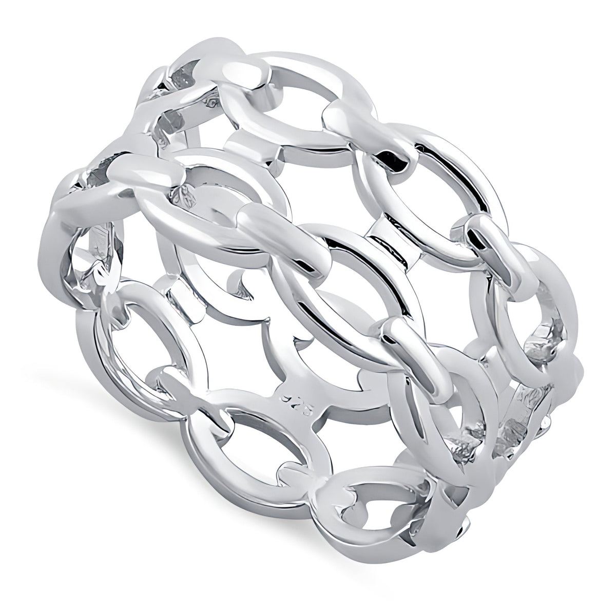 Sterling Silver 9.5mm Wide Triple Row Oval Link Chain Band Ring, Unisex