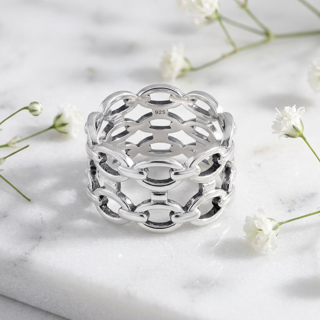 Sterling Silver 9.5mm Wide Triple Row Oval Link Chain Band Ring, Unisex life1