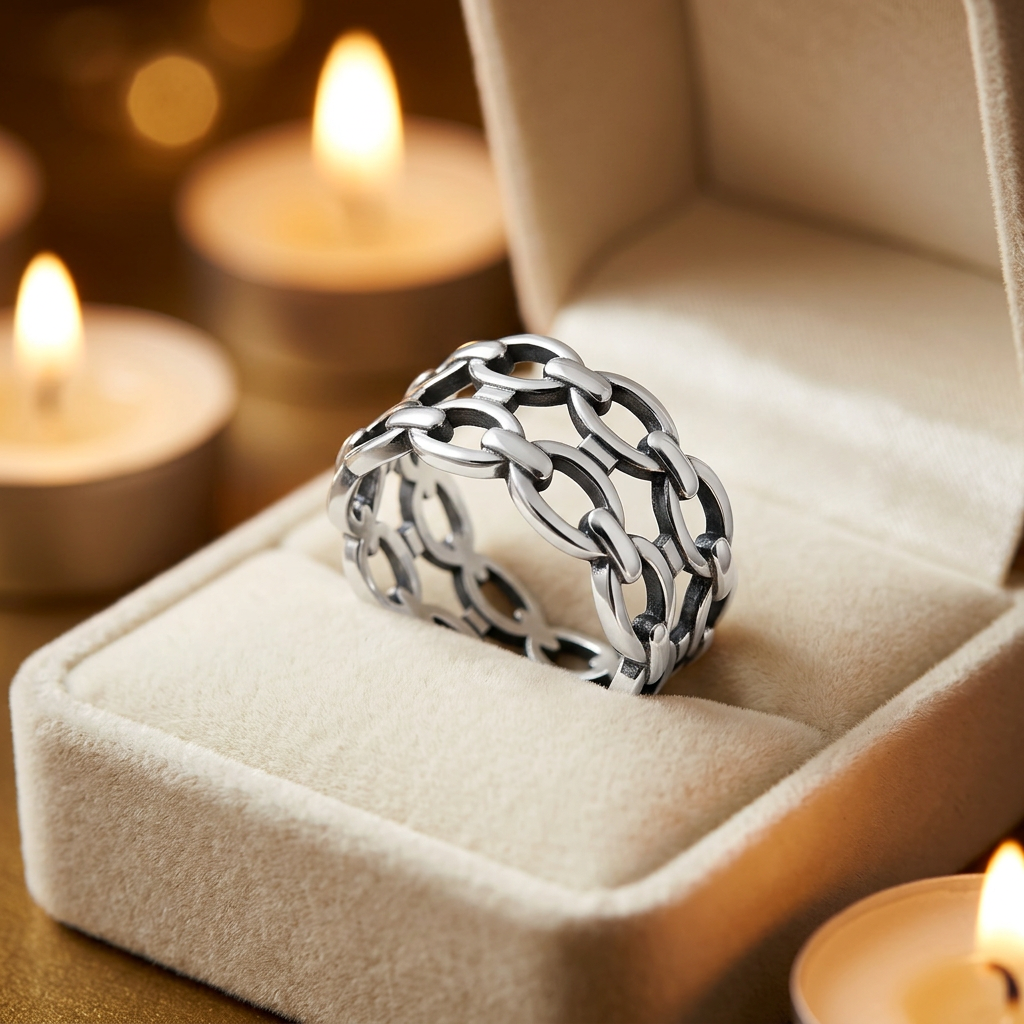 Sterling Silver 9.5mm Wide Triple Row Oval Link Chain Band Ring, Unisex life3
