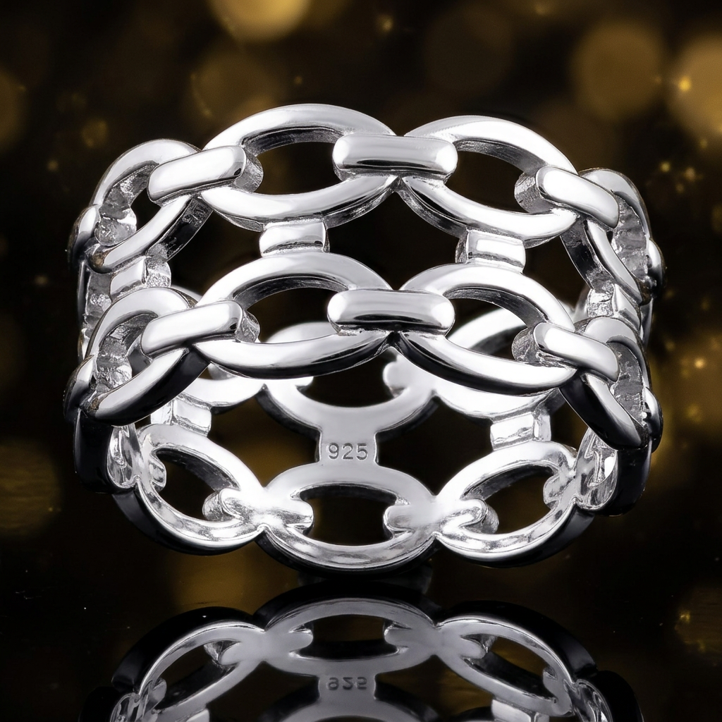 Sterling Silver 9.5mm Wide Triple Row Oval Link Chain Band Ring, Unisex life4