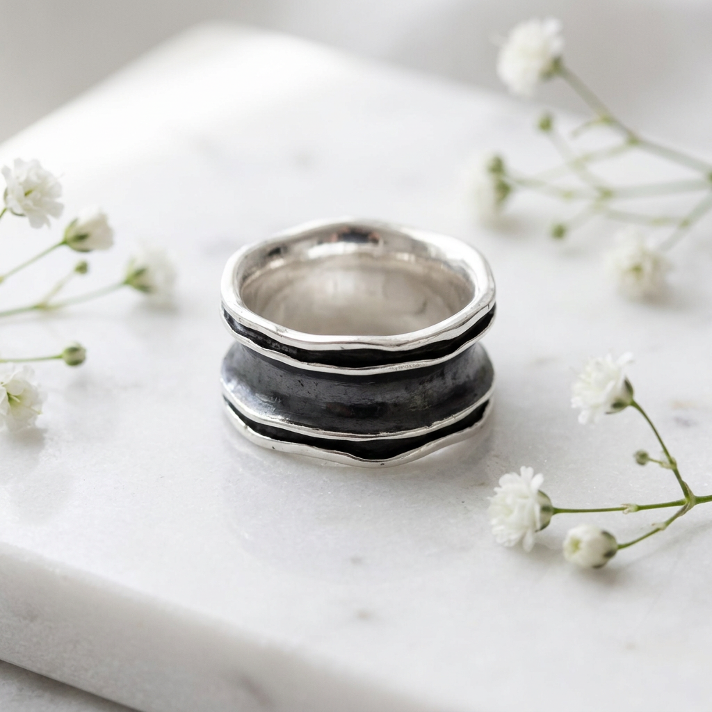 Sterling Silver 10.73mm Oxidized Wavy Edge Concave Wide Band Ring for Women life1