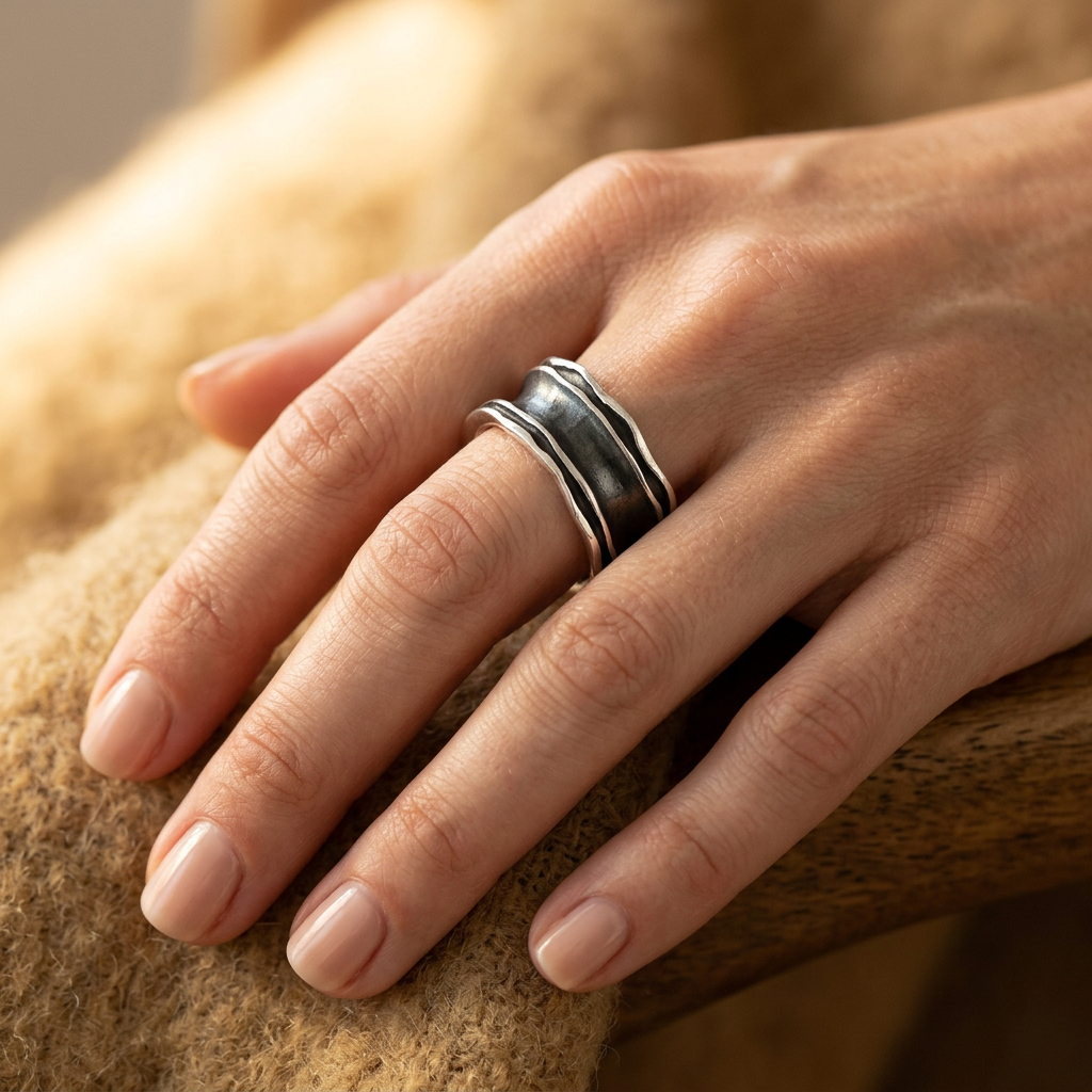 Sterling Silver 10.73mm Oxidized Wavy Edge Concave Wide Band Ring for Women model