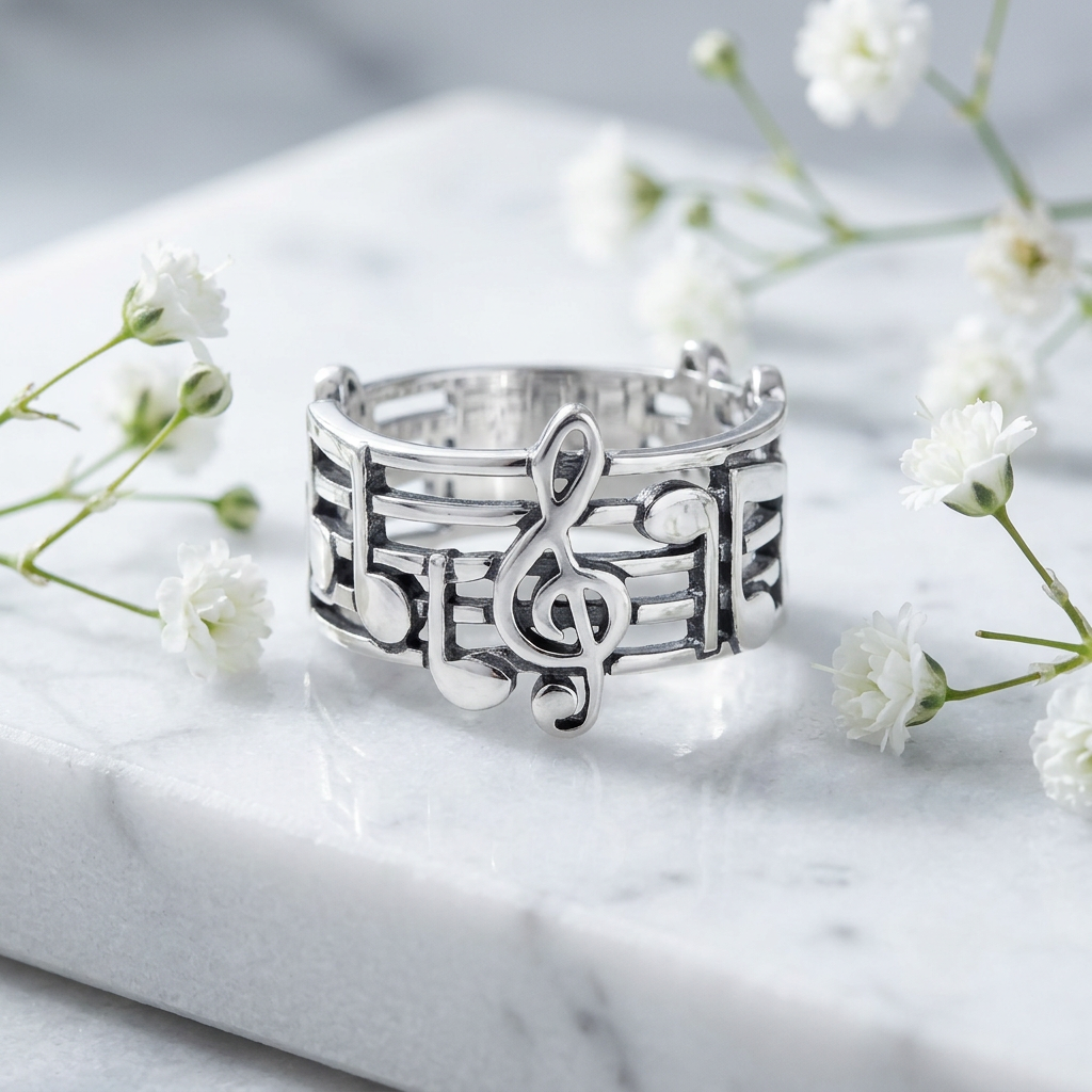 Sterling Silver 12.8mm Wide Treble Clef Music Notes Band Ring for Women life1