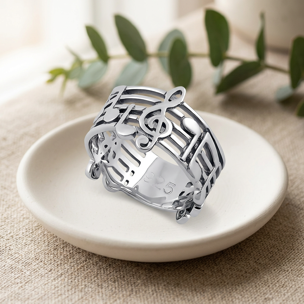 Sterling Silver 12.8mm Wide Treble Clef Music Notes Band Ring for Women life2