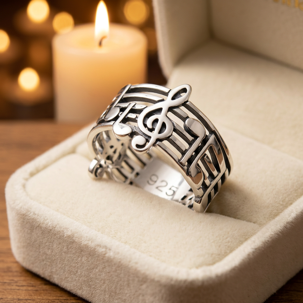 Sterling Silver 12.8mm Wide Treble Clef Music Notes Band Ring for Women life3