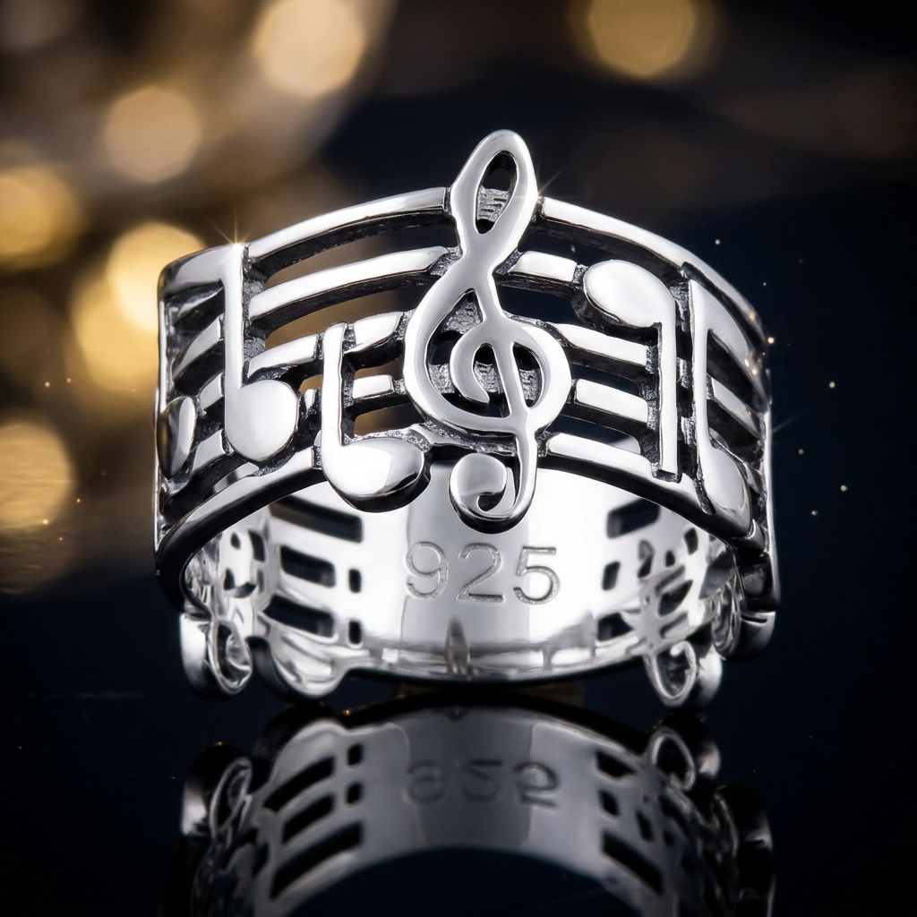 Sterling Silver 12.8mm Wide Treble Clef Music Notes Band Ring for Women life4