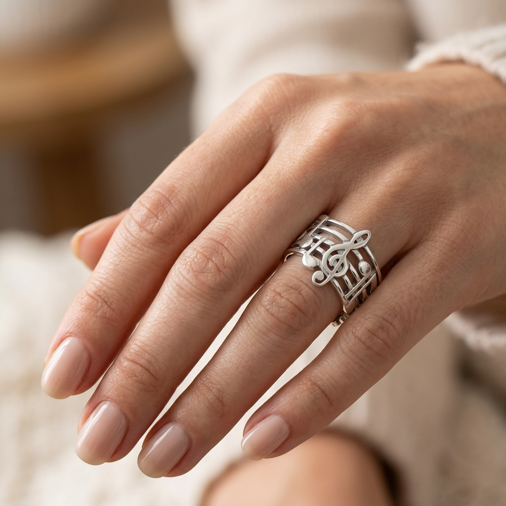 Sterling Silver 12.8mm Wide Treble Clef Music Notes Band Ring for Women model