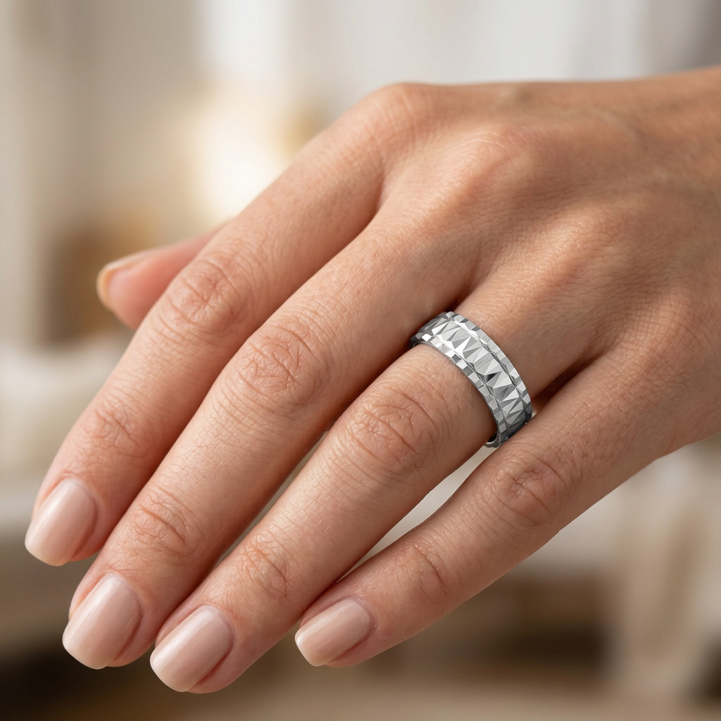 Sterling Silver 6mm Diamond Cut Pyramid Facet Wedding Band Ring for Women model