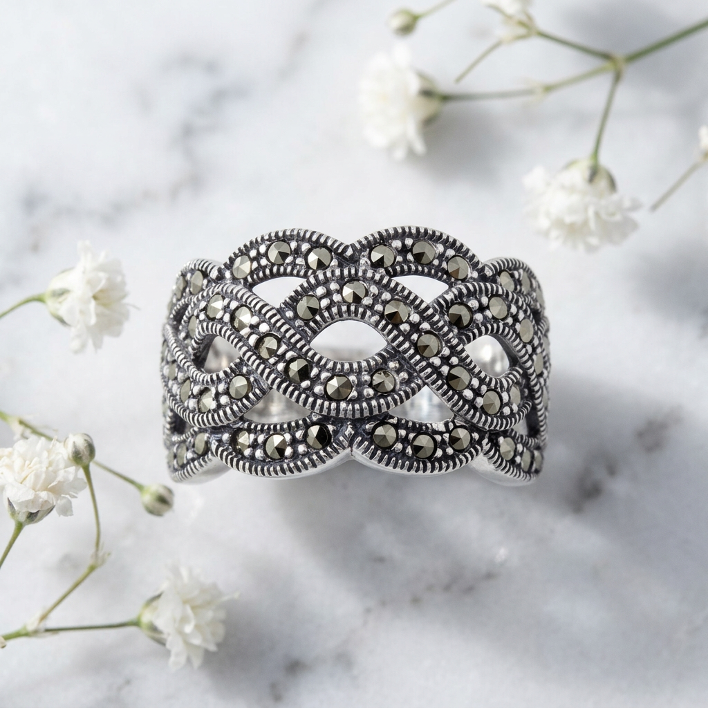 Sterling Silver 8.25mm Marcasite Woven Swirl Wide Band Ring for Women life1