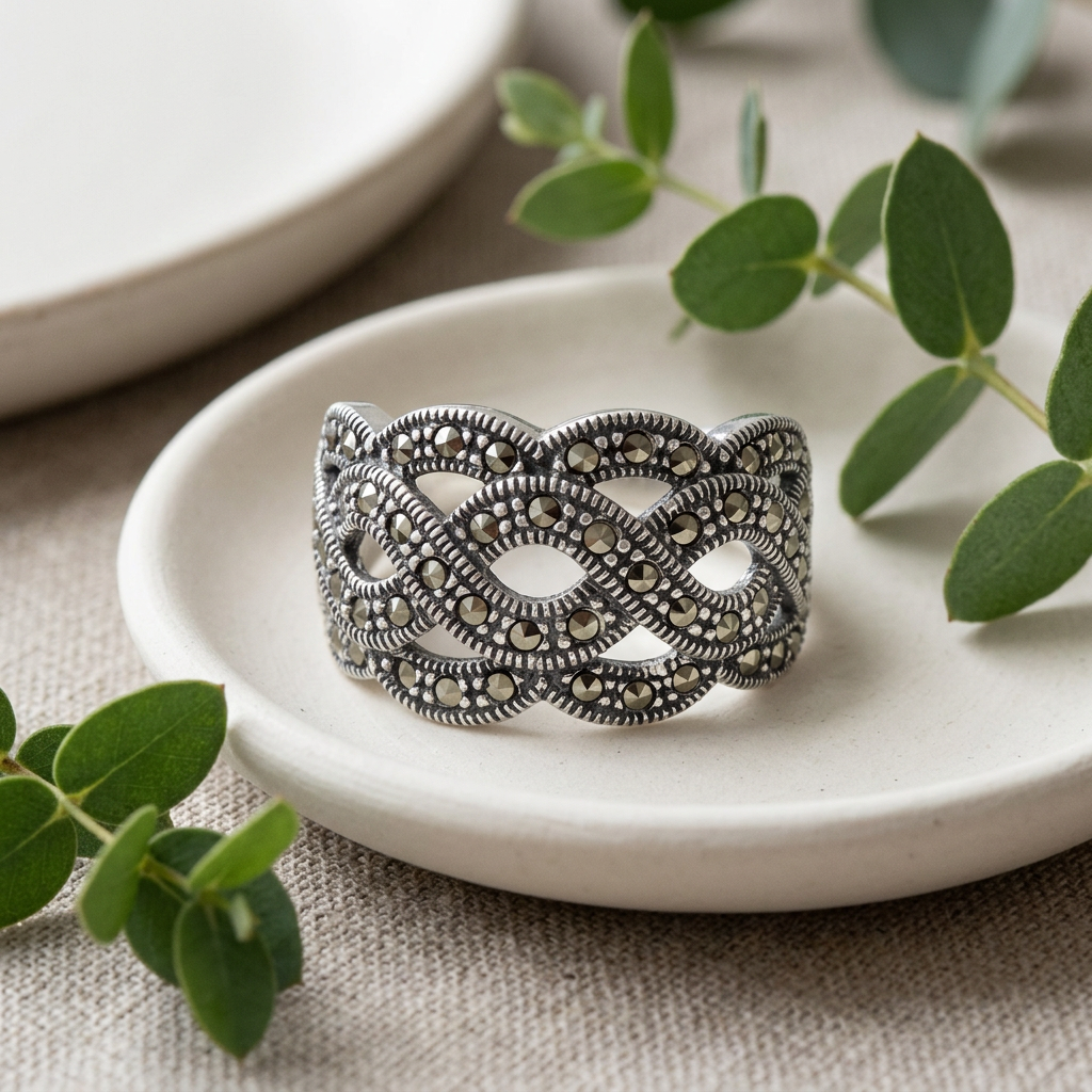 Sterling Silver 8.25mm Marcasite Woven Swirl Wide Band Ring for Women life2