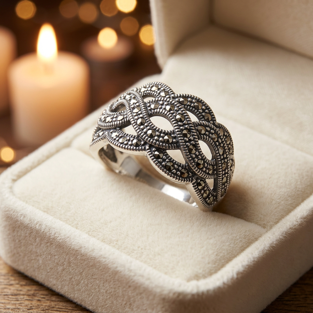 Sterling Silver 8.25mm Marcasite Woven Swirl Wide Band Ring for Women life3