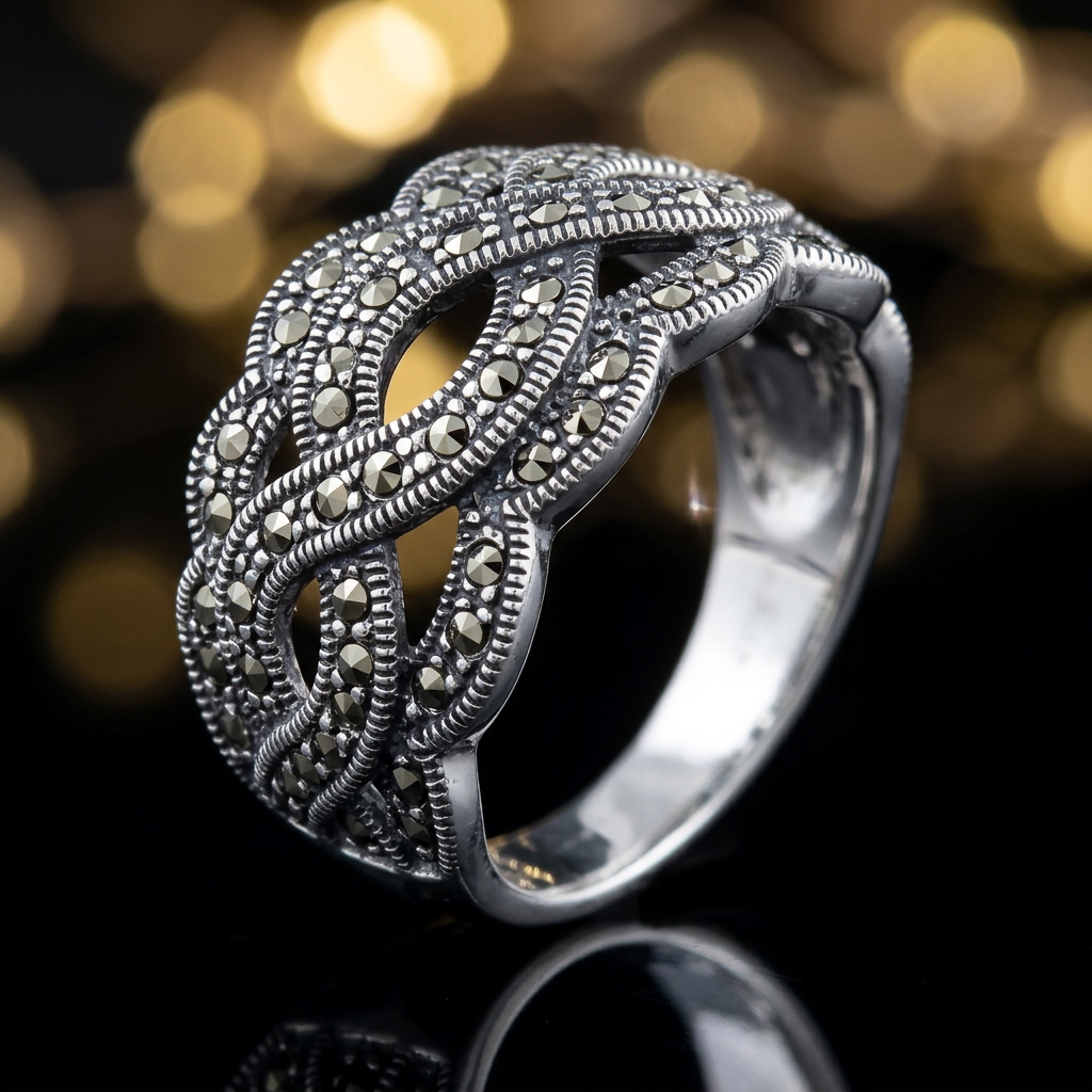 Sterling Silver 8.25mm Marcasite Woven Swirl Wide Band Ring for Women life4