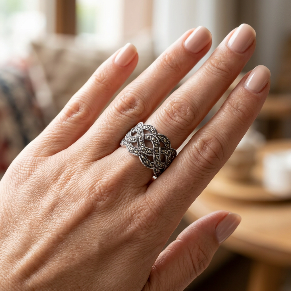 Sterling Silver 8.25mm Marcasite Woven Swirl Wide Band Ring for Women model
