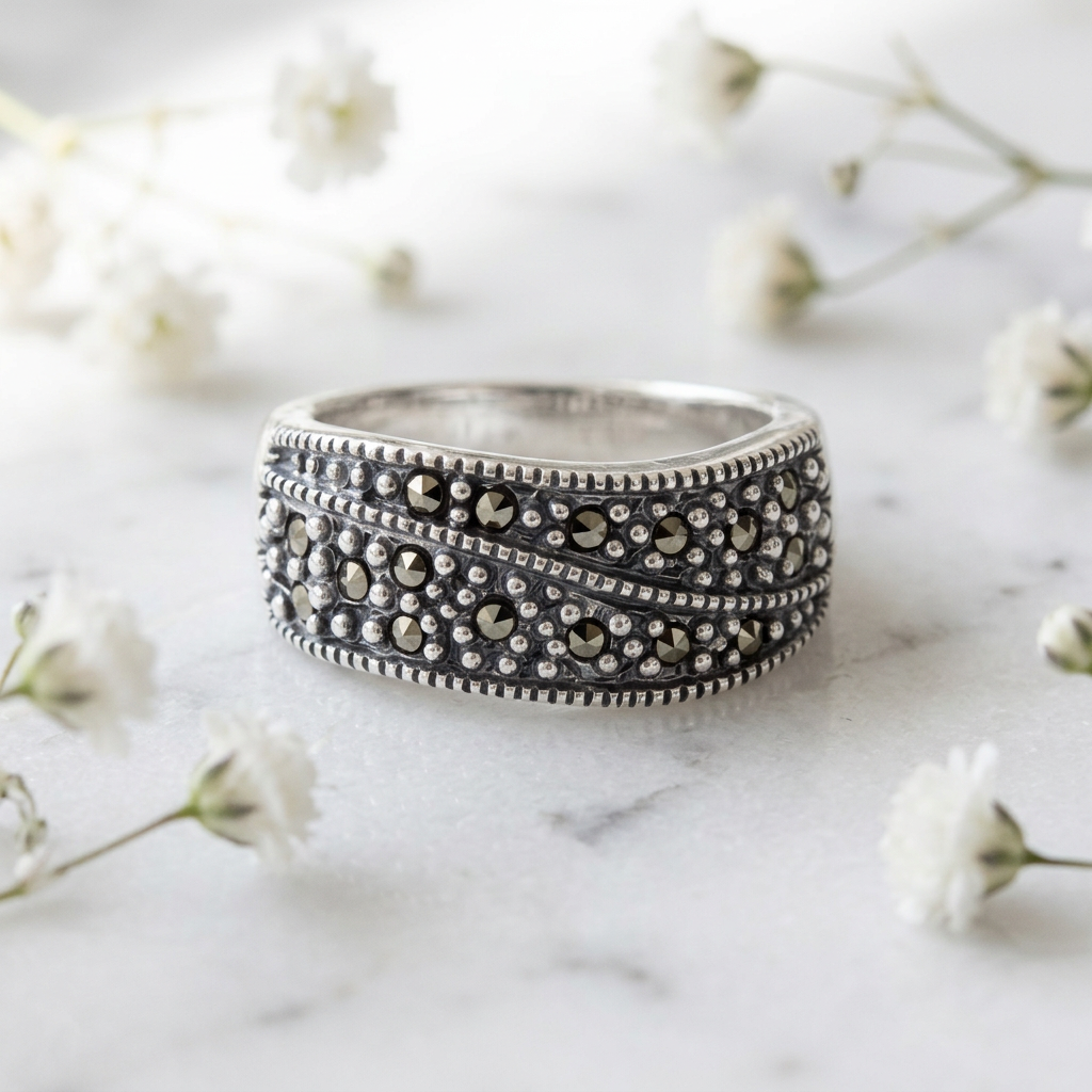 Sterling Silver 7.2mm Marcasite Wave Double Row Beaded Band Ring for Women life1