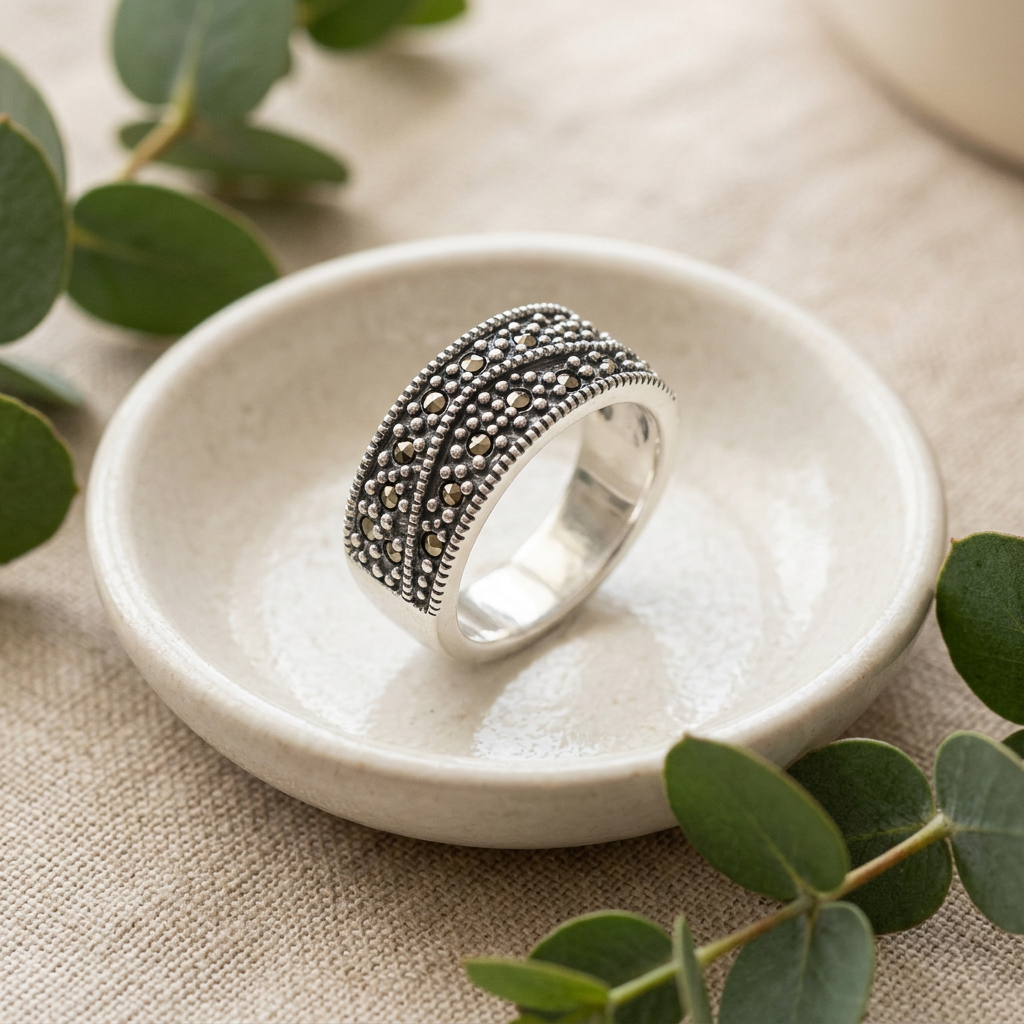Sterling Silver 7.2mm Marcasite Wave Double Row Beaded Band Ring for Women life2