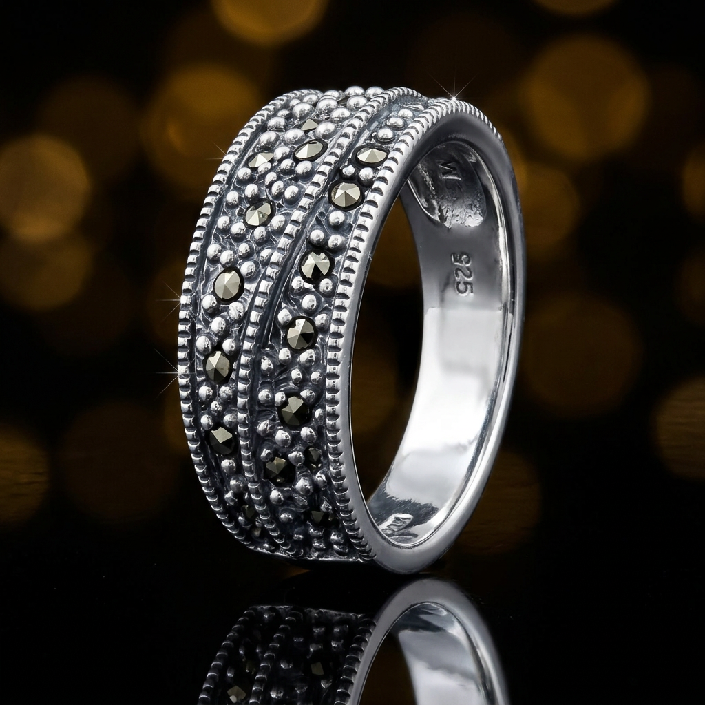 Sterling Silver 7.2mm Marcasite Wave Double Row Beaded Band Ring for Women life4