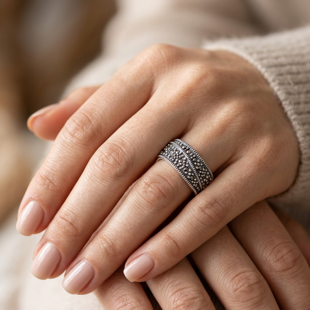 Sterling Silver 7.2mm Marcasite Wave Double Row Beaded Band Ring for Women model