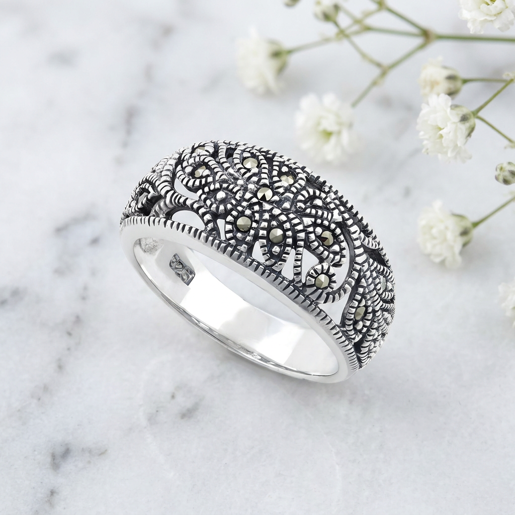 Sterling Silver Marcasite Openwork Flower Dome Band Ring for Women life1