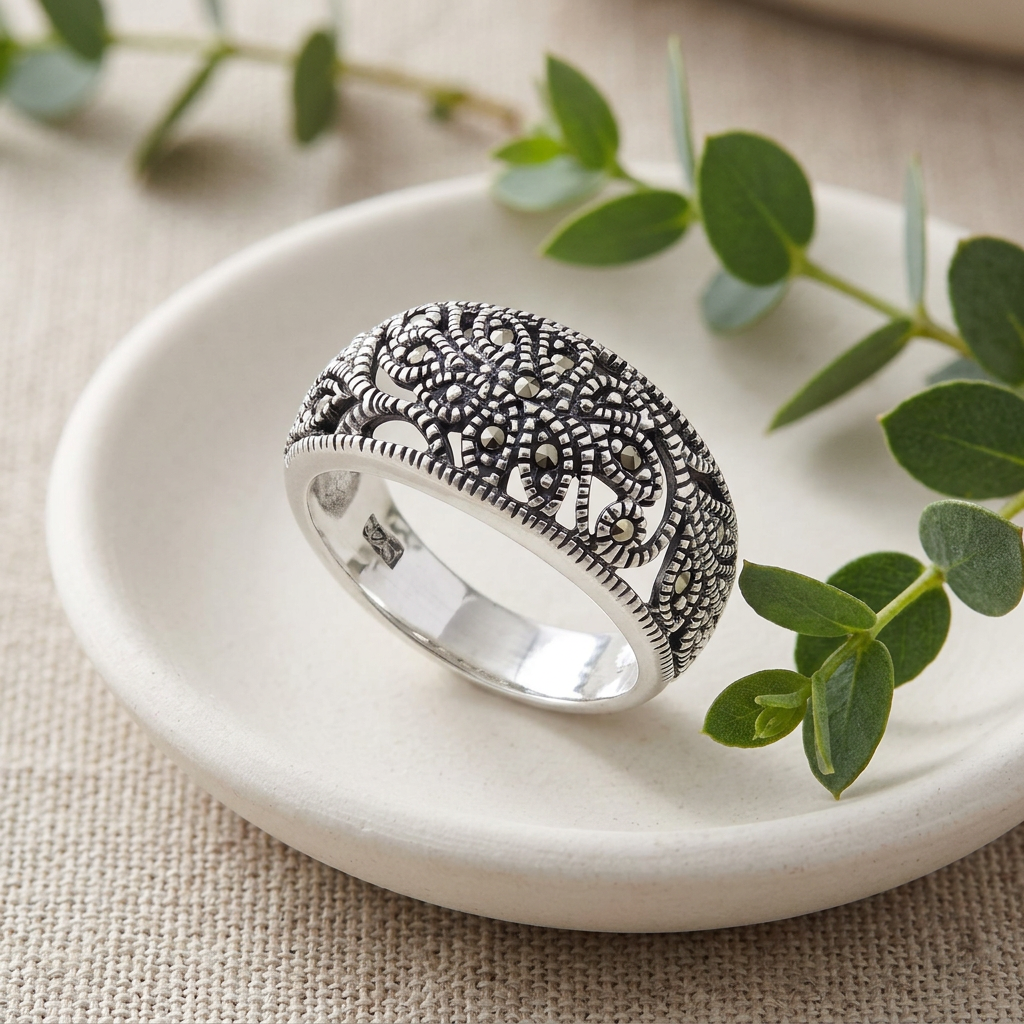 Sterling Silver Marcasite Openwork Flower Dome Band Ring for Women life2