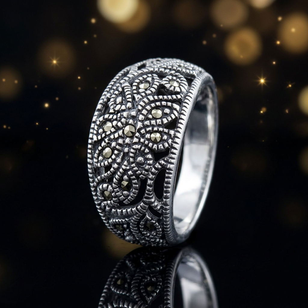 Sterling Silver Marcasite Openwork Flower Dome Band Ring for Women life4
