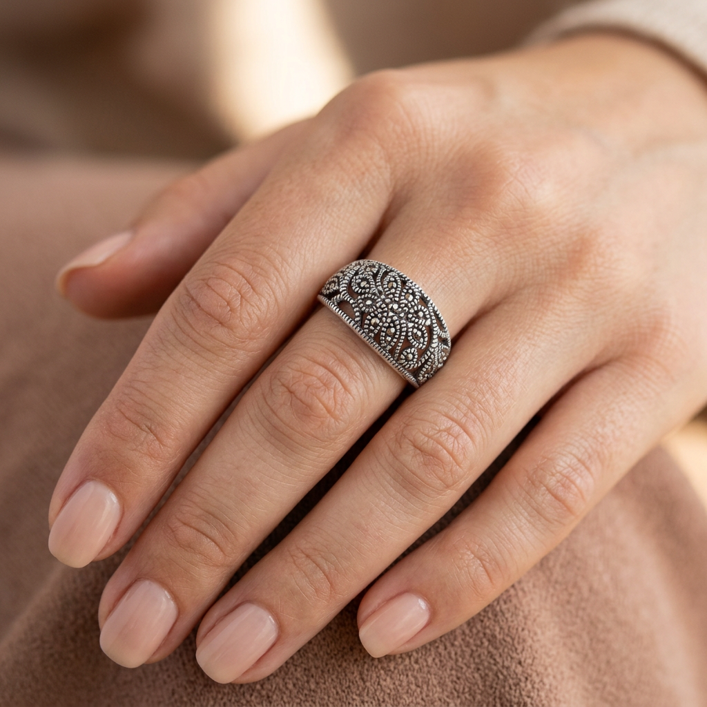Sterling Silver Marcasite Openwork Flower Dome Band Ring for Women model