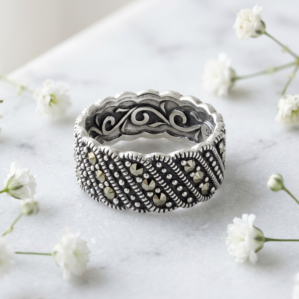 Sterling Silver 8mm Marcasite Diagonal Swirl Eternity Band Ring for Women life1