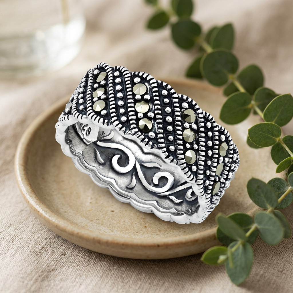 Sterling Silver 8mm Marcasite Diagonal Swirl Eternity Band Ring for Women life2