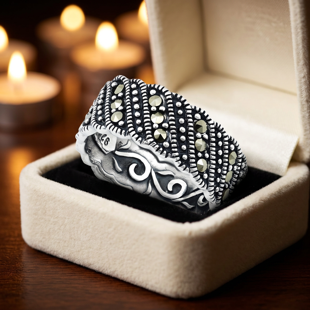 Sterling Silver 8mm Marcasite Diagonal Swirl Eternity Band Ring for Women life3