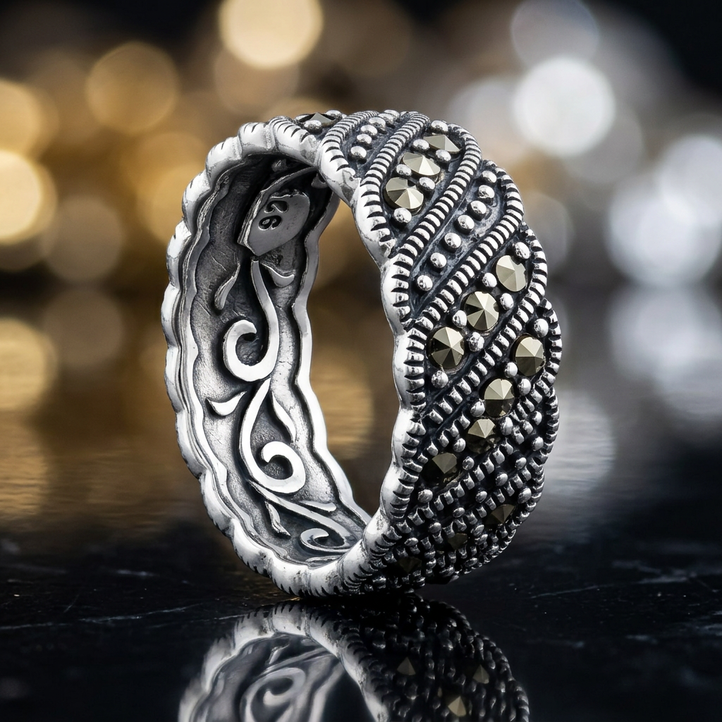 Sterling Silver 8mm Marcasite Diagonal Swirl Eternity Band Ring for Women life4