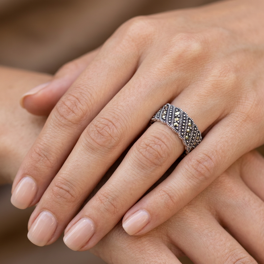 Sterling Silver 8mm Marcasite Diagonal Swirl Eternity Band Ring for Women model
