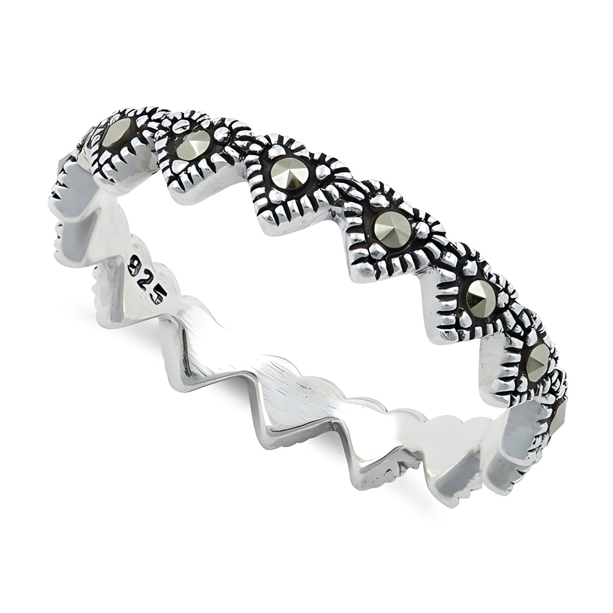 Sterling Silver 3.7mm Marcasite Heart Eternity Stacking Band Ring for Women