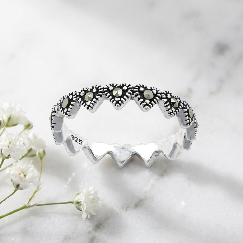 Sterling Silver 3.7mm Marcasite Heart Eternity Stacking Band Ring for Women life1