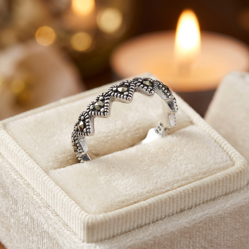 Sterling Silver 3.7mm Marcasite Heart Eternity Stacking Band Ring for Women life3